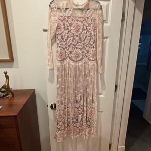 Rina diMontella Vintage Pink and Cream Lace Long Sleeve Dress w/Beading